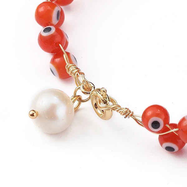 

PandaHall Natural Pearl Charm Bracelets, with Handmade Evil Eye Lampwork Beads and Cardboard Box, Round, Golden, Red, 7-1/2 inch(19cm)...