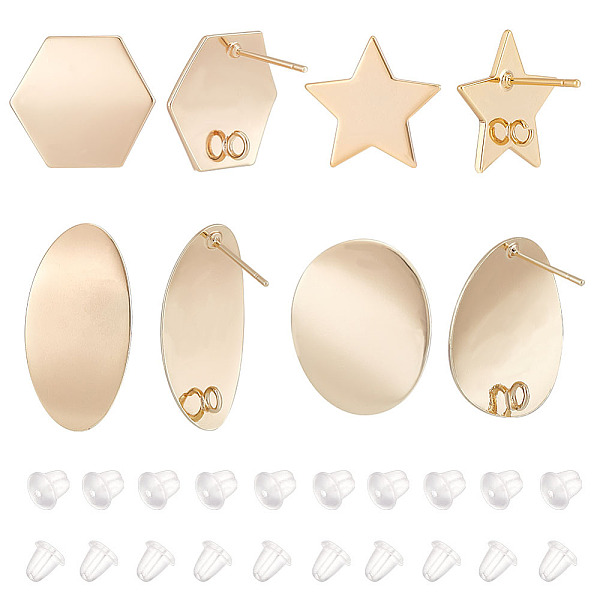 

PandaHall BENECREAT 8Pcs 4 Style Real 18K Gold Plated Brass Stud Star Earring Oval Hexagon Ear Stud Findings with Loop, 20Pcs Plastic Ear...