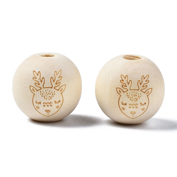 

PandaHall Unfinished Natural Wood European Beads, Large Hole Beads, Laser Engraved Pattern, Round with Deer, Old Lace, 15~16x14~15mm, Hole...
