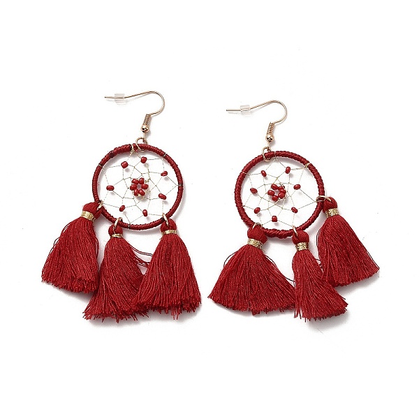 

PandaHall Tassels Woven Net Dangle Earrings with Resin Beaded, Iron Wire Wrap Long Drop Earrings for Women, FireBrick, 82.5mm, Pin: 0.6mm..., Red