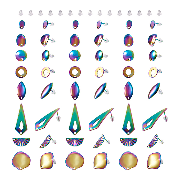 

PandaHall Cheriswelry 32Pcs 8 Style Rainbow Color 304 Stainless Steel Stud Earring Findings, with Hole, with 50pcs Plastic Ear Nuts, Shell &...