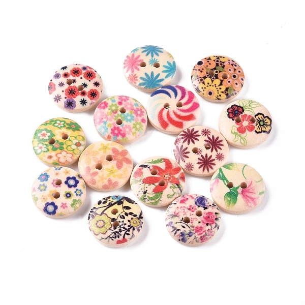 

PandaHall 2-Hole Printed Wooden Buttons, for Sewing Crafting, Flat Round with Mixed Flower Pattern, Dyed, Mixed Color, 14.5~15x4mm, Hole..., Multicolor