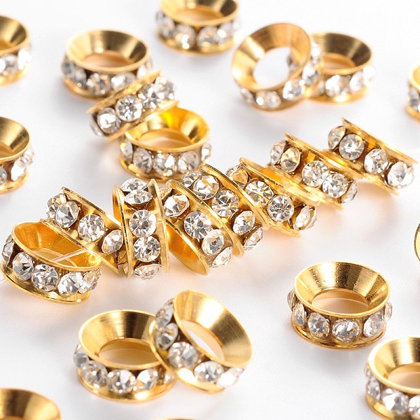 

PandaHall Grade A Brass Rhinestone Beads, Basketball Wives Spacer Beads for Jewelry Making, Rondelle, Golden, Clear, 10x4mm, Hole: 5mm...