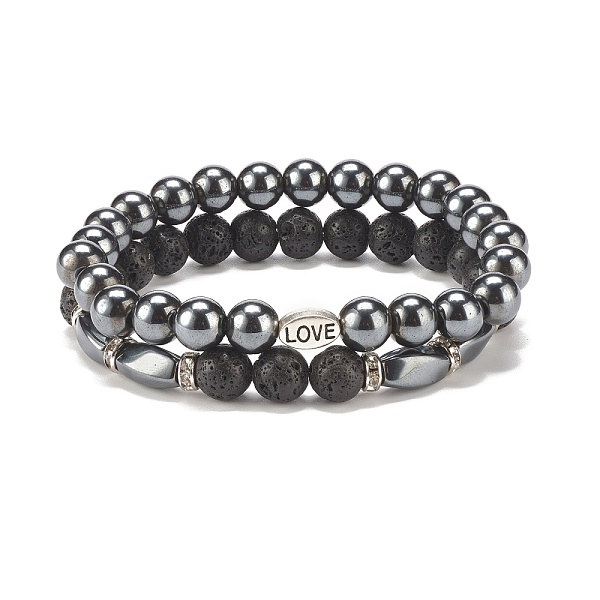 

PandaHall 2Pcs 2 Style Natural Lava Rock & Synthetic Hematite Stretch Bracelets Set with Word Love Brass Beads, Essential Oil Gemstone...