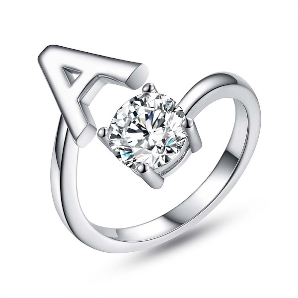 

PandaHall Rhodium Plated 925 Sterling Silver Initial Letter Open Cuff Ring, Clear Cubic Zirconia Ring for Women, Platinum, Letter.A, US Size...