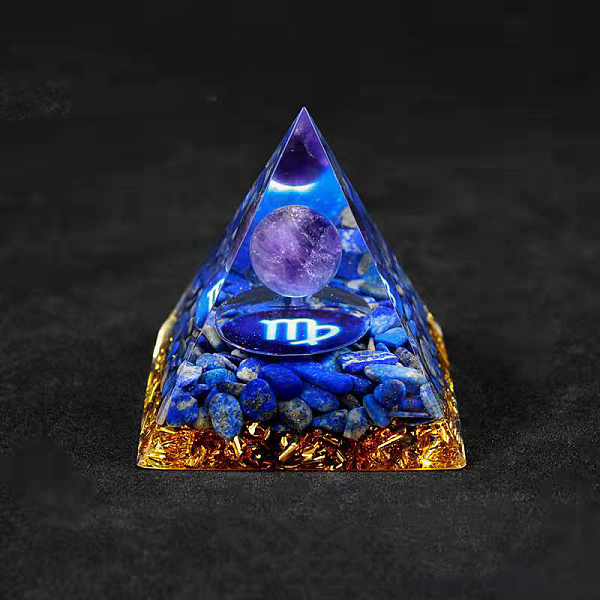 

PandaHall Resin Orgonite Pyramid Home Display Decorations, with Natural Amethyst/Natural Gemstone Chips, Constellation, Virgo, 50x50x50mm...