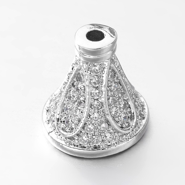 

PandaHall Brass Micro Pave Cubic Zirconia Bead Cones, Platinum, 10x10mm, Hole: 1mm & 4mm Brass+Cubic Zirconia