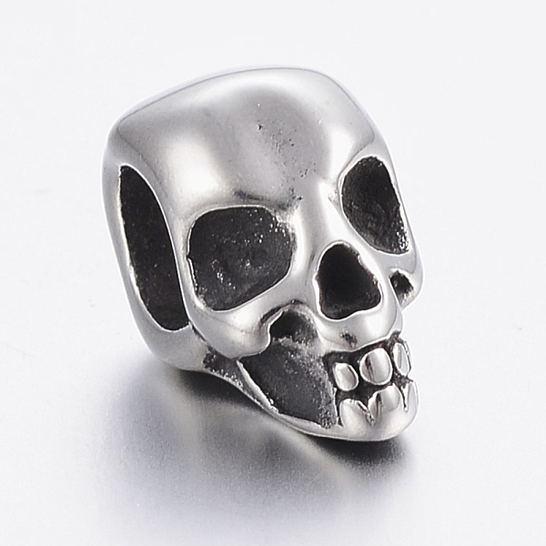PandaHall 304 Stainless Steel European Beads, Large Hole Beads, Skull, Antique Silver, 13x7x10mm, Hole: 5mm 304 Stainless Steel Skull