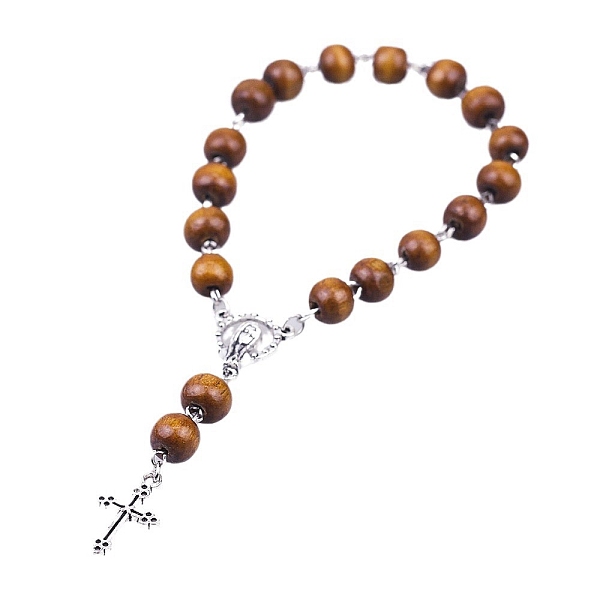 

PandaHall Alloy Cross Charm Bracelet, Wood Rosary Beads Bracelet, Coconut Brown, 7-1/2 inch(19cm) Wood Cross