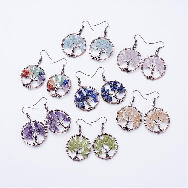 

PandaHall Natural Gemstone Dangle Earrings, with Red Copper Tone Brass Finding, Flat Round with Tree of Life, 52mm, pin: 0.6mm Mixed Stone