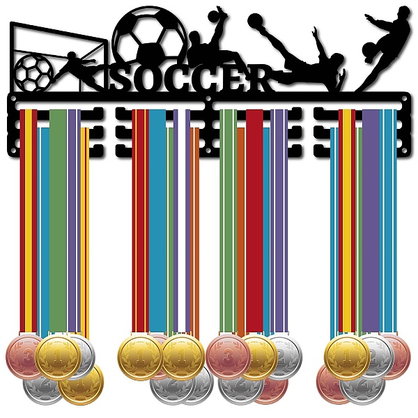 

PandaHall Fashion Iron Medal Hanger Holder Display Wall Rack, 3-Line, with Screws, Black, Football, 150x400mm, Hole: 5mm Iron Football Black
