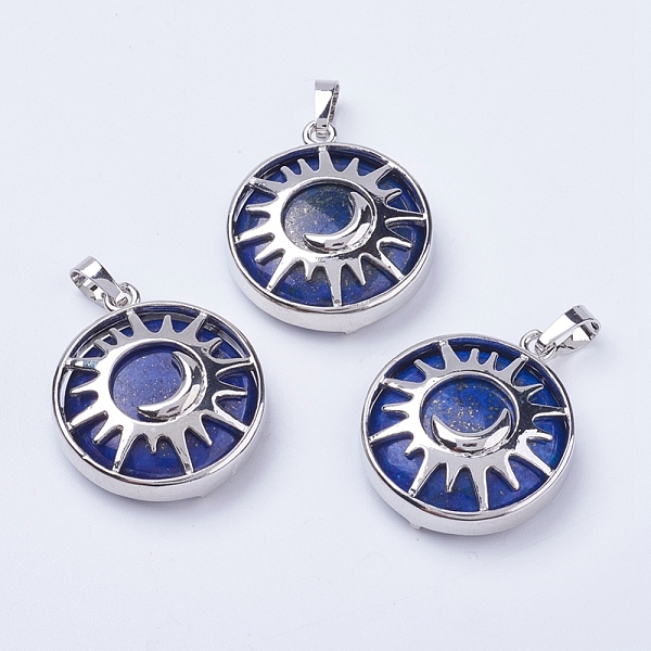 

PandaHall Natural Lapis Lazuli Pendants, with Brass Findings, Flat Round with Sun & Moon, Platinum, 31x27.5x8mm, Hole: 5x7mm Lapis Lazuli...