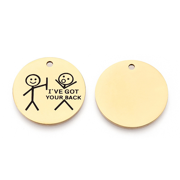 

PandaHall 201 Stainless Steel Pendants, Flat Round with Word I've Got Your Back, Golden, 30x1.5mm, Hole: 2mm 201 Stainless Steel Flat Round