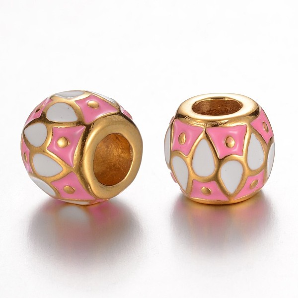 

PandaHall 304 Stainless Steel Enamel European Beads, Rondelle, Golden, Flamingo, 11x9.5mm, Hole: 5mm Stainless Steel+Enamel Rondelle Pink