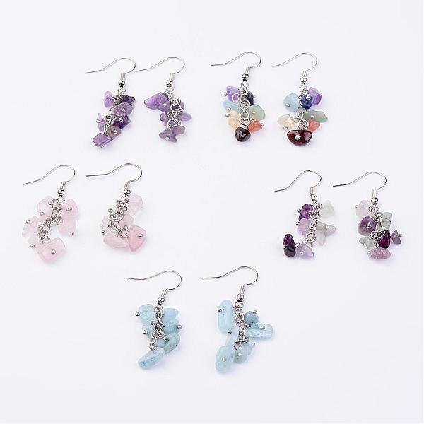 

PandaHall Natural Mixed Stone Dangle Earrings, Cluster Earrings, with Metal Findings, Platinum, 42mm, Pin: 0.7mm Mixed Stone