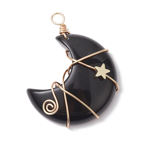 

PandaHall Natural Obsidian Copper Wire Wrapped Pendants, Moon with Star Charms, Golden, 44.5x35x11.5mm, Hole: 4mm Obsidian Moon