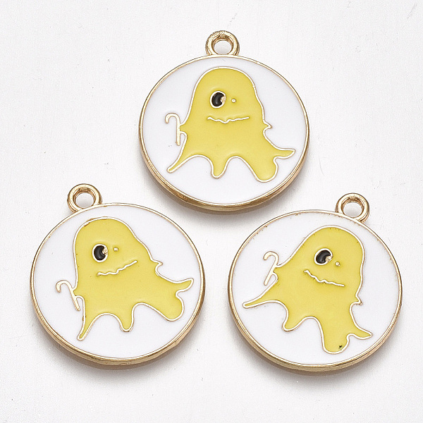 

PandaHall Alloy Pendants, Cadmium Free & Lead Free, with Enamel, Flat Round with Ghost, Light Gold, Yellow, 26x23x1.5mm, Hole: 2mm...