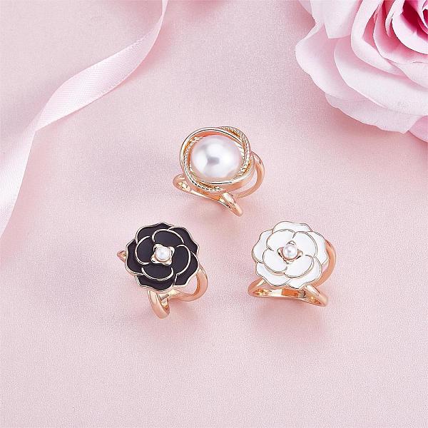 3Pcs 3 Style Natural Pearl Scarf Clip Buckles Rings, Enamel Camellia Clothing Wrap Clasp Holder, Alloy Cloth Accessories for Women, Mixed Color, 29.5mm, 24mm, 26mm, 1Pc/style