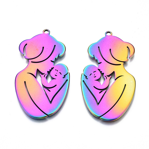 

PandaHall Ion Plating(IP) 201 Stainless Steel Pendants, Mother & Child, Rainbow Color, 46x25x1mm, Hole: 1.8mm 201 Stainless Steel Human