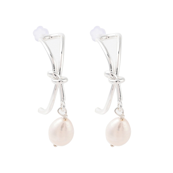 

PandaHall Natural Pearl Ear Studs, with Brass Findings and 925 Sterling Silver Pins, Round, Platinum, 30.5x8mm Pearl Round White