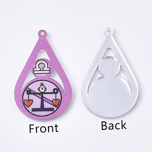 

PandaHall Acrylic Pendants, PVC Printed on the Front, Film and Mirror Effect on the Back, teardrop, with Constellation, Libra, Libra..., Purple