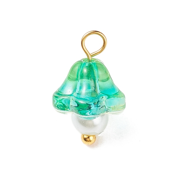 

PandaHall Electroplate Glass Charms, with Golden Plated Brass Findings and Glass Pearl Round Beads, Trumpet Flower, Spring Green, 14x9x9mm...