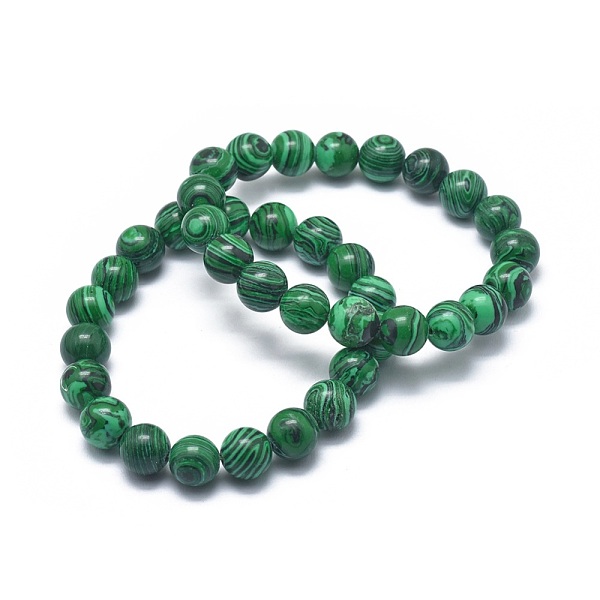 

PandaHall Synthetic Malachite(Dyed) Bead Stretch Bracelets, Round, 2 inch~2-1/8 inch(5.2~5.5cm), Bead: 10mm Malachite