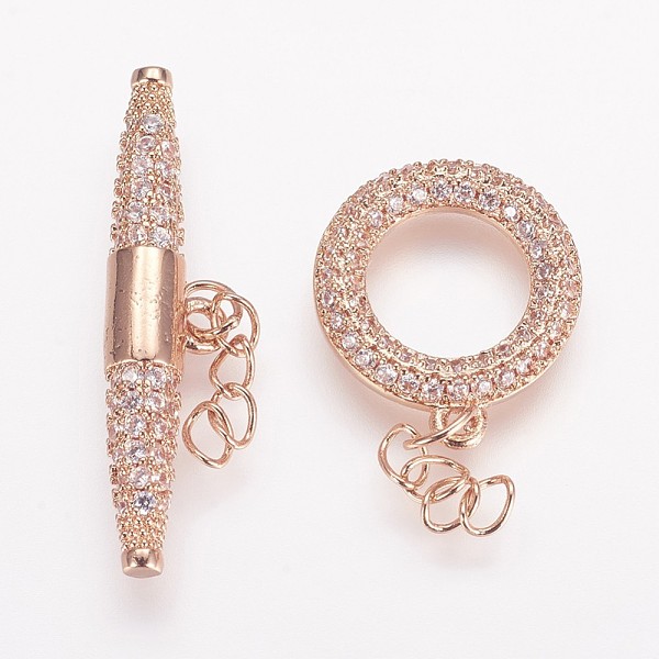 

PandaHall Brass Micro Pave Cubic Zirconia Ring Toggle Clasps, Rose Gold, Ring: 15x13x2mm, Bar: 6x27x4mm. Brass+Cubic Zirconia Ring
