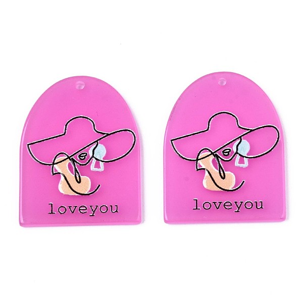 

PandaHall Translucent Cellulose Acetate(Resin) Pendants, 3D Printed, Half Oval with Woman & Word Love you, for Valentine's Day, Magenta..., Pink
