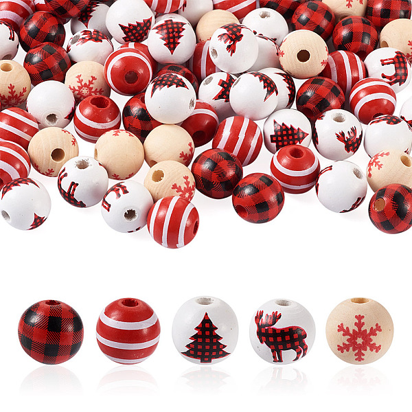 

PandaHall Beadthoven 100Pcs 5 Style Christmas Themed Dyed Natural Wooden Beads, Round with Mixed Print Pattern, Mixed Color, 16.5x15mm, hole..., Multicolor