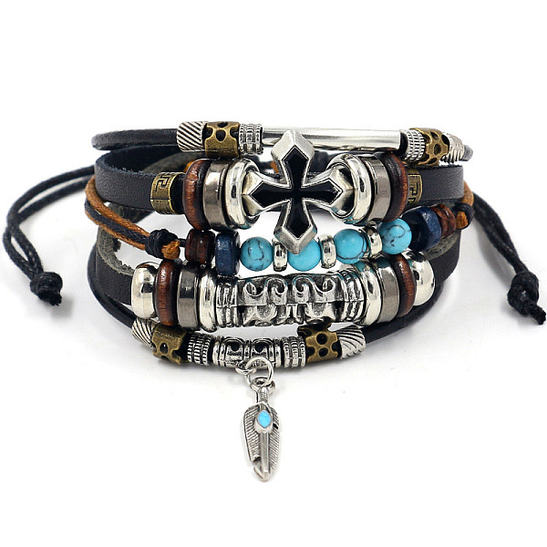 

PandaHall Fashionable multi-layer alloy beaded turquoise woven bracelet with simple butterfly decoration leather bracelet