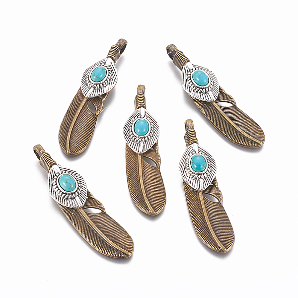 

PandaHall Tibetan Style Alloy Big Pendants, with Synthetic Turquoise, Feather, Antique Bronze, 65x15x8.5mm, Hole: 4x6mm Synthetic Turquoise...