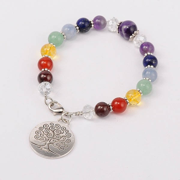 

PandaHall Multi-Color Gemstone Chakra Charm Bracelets, with Tibetan Style Tree of Life Pendant, Glass Beads, Tibetan Style Spacers and Brass..., Purple