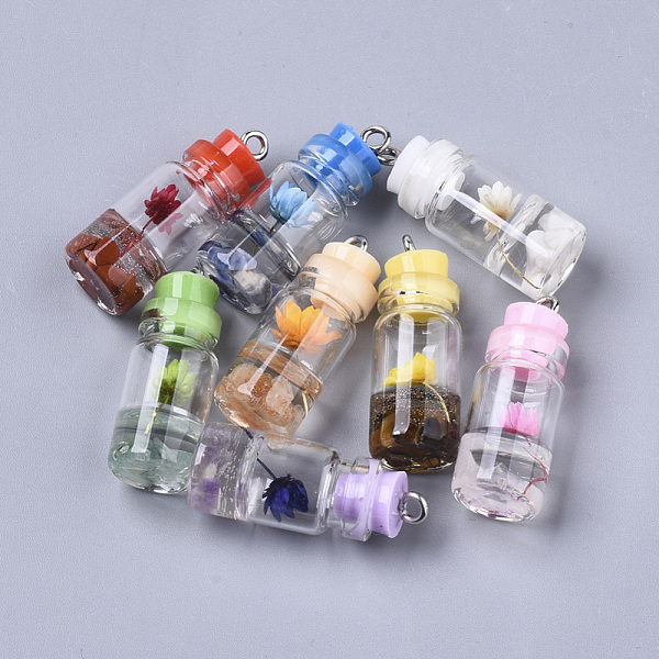 

PandaHall Glass Bottle Pendant Decorations, with Natural Gemstone & Dried Flower, Resin Tampions and Platinum Plated Iron Findings..., Multicolor