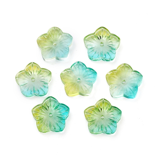 

PandaHall Transparent Glass Beads, Flower, Two Tone, Yellow Green, 12x13x3mm, Hole: 1.2mm Glass Flower Green