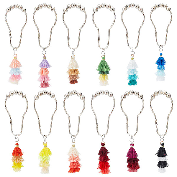 

PandaHall OLYCRAFT 12 Pcs Tassel Shower Curtain Rings Colorful Iron Hooks Rings Layered Tassel Curtain Rings Bathroom Decoration Curtain..., Multicolor