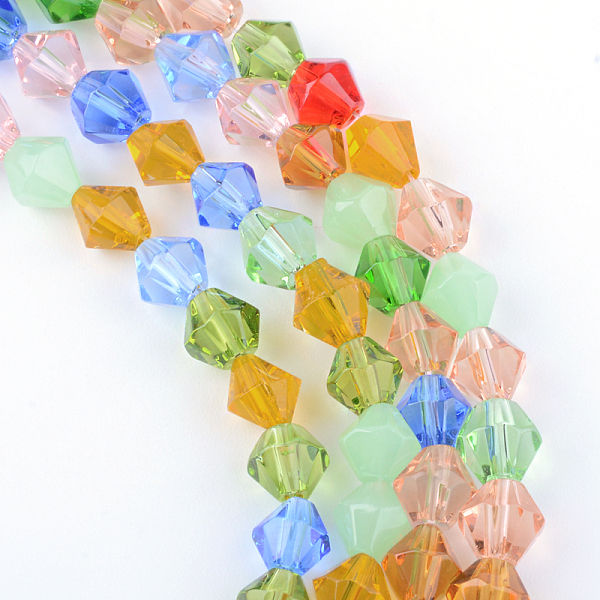 

PandaHall Glass Beads Strands, Faceted, Bicone, Mixed Color, 4mm, Hole: 1mm, about 92~96pcs/strand, 13.78~14.37 inch Glass Bicone Multicolor