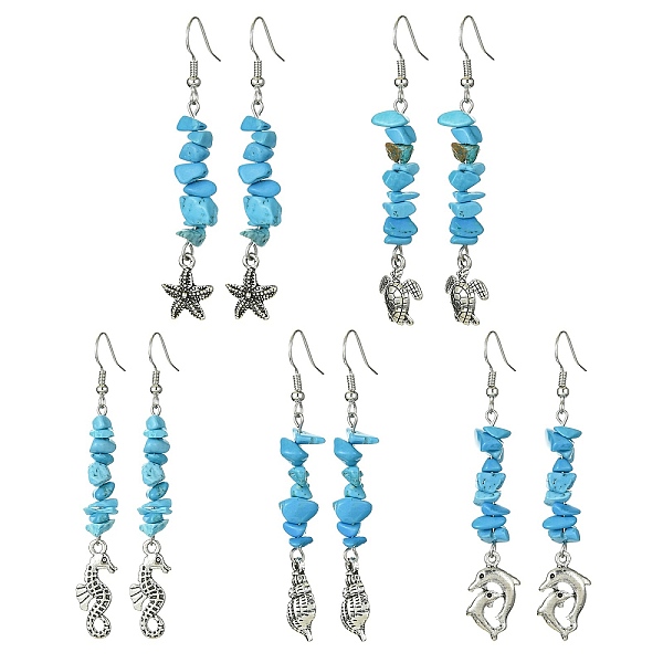 

PandaHall Synthetic Turquoise Chips Dangle Earring, Alloy Long Drop Earrings, Mixed Shapes, 65~75x9~10mm Synthetic Turquoise Mixed Shapes