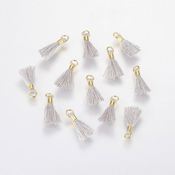 

PandaHall Polycotton(Polyester Cotton) Tassel Pendant Decorations, with Unwelded Iron Jump Rings, Golden, Light Grey, 10~16x2mm, Hole: 1.5mm..., Gray