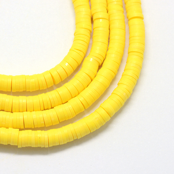 

PandaHall Handmade Polymer Clay Heishi Beads, Disc/Flat Round, Yellow, 8x0.5~1mm, Hole: 2mm, about 380~400pcs/strand, 17.7 inch Polymer Clay...
