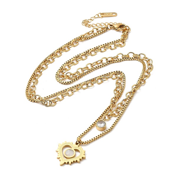 

PandaHall Ion Plating(IP) 304 Stainless Steel Box & Cable Chains Double Layer Necklaces, Cubic Zirconia & Natural Shell Heart Pendants...