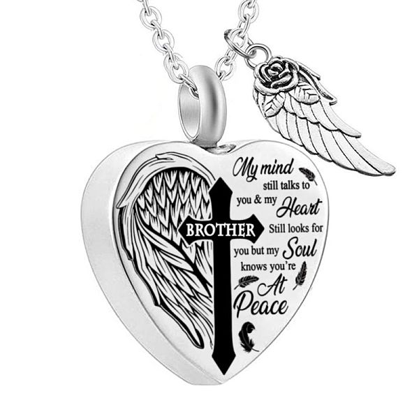 PandaHall Heart and Wing Urn Ashes Pendant Necklace, Cross with Word Brother 316L Stainless Steel Memorial Jewelry for Men Women, Word, 18.9...