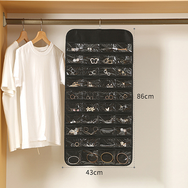 

PandaHall 80-Pocket Rectangle Foldable Non-woven Fabric Jewelry Roll, Wall-Mounted Jewelry Hanging Organizers for Pendants, Earrings, Rings..., Black