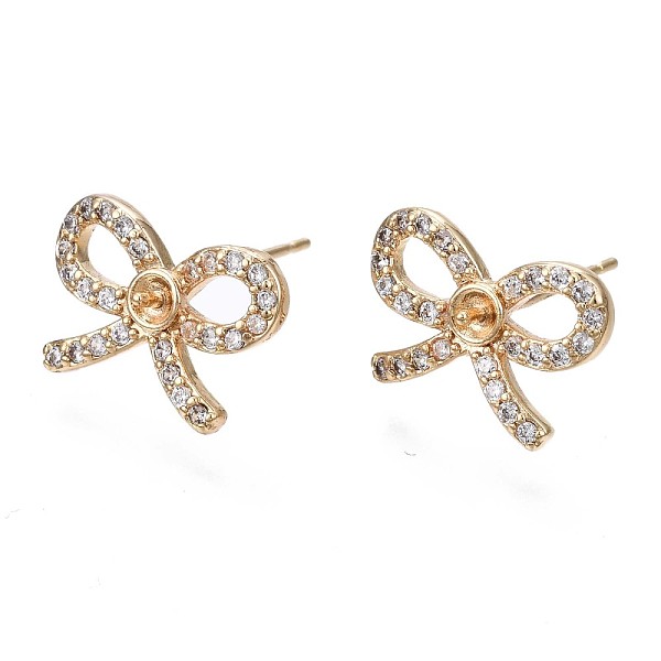 

PandaHall Brass Micro Pave Clear Cubic Zirconia Stud Earring Findings, for Half Drilled Bead, Bowknot, Real 18K Gold Plated, 10x14mm, Pin...
