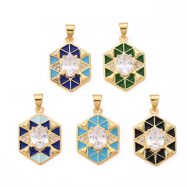 

PandaHall Brass Micro Pave Clear Cubic Zirconia Pendants, with Enamel, Cadmium Free & Nickel Free & Lead Free, Real 16K Gold Plated, Hexagon..., Multicolor