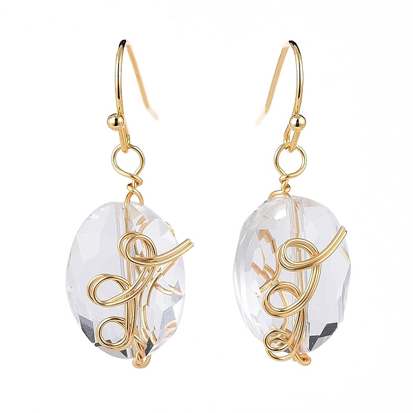 PandaHall Glass Dangle Earrings, with Copper Wire, Brass Earring Hooks and Cardboard Packing Box, Oval, Clear, 33mm, Pin: 0.7mm Glass Clear