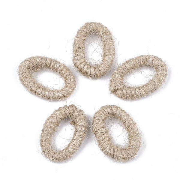 PandaHall Handmade Woven Linking Rings, Hemp Cord Covered with Plastic, Oval, BurlyWood, 28~30x19~20x4~6mm, Inner Measure: 18~19
