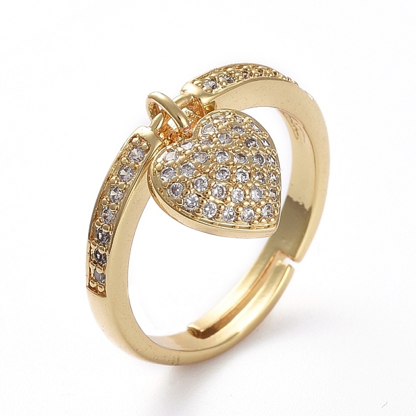 

PandaHall Adjustable Brass Micro Pave Cubic Zirconia Finger Rings, with Heart Charms, Golden, Size 7, 17.6mm Brass+Cubic Zirconia Clear