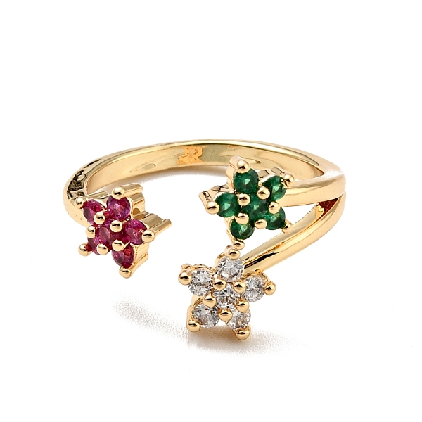 

PandaHall Colorful Cubic Zirconia Flower Open Cuff Ring, Rack Plating Brass Jewelry for Women, Cadmium Free & Lead Free, Real 18K Gold...