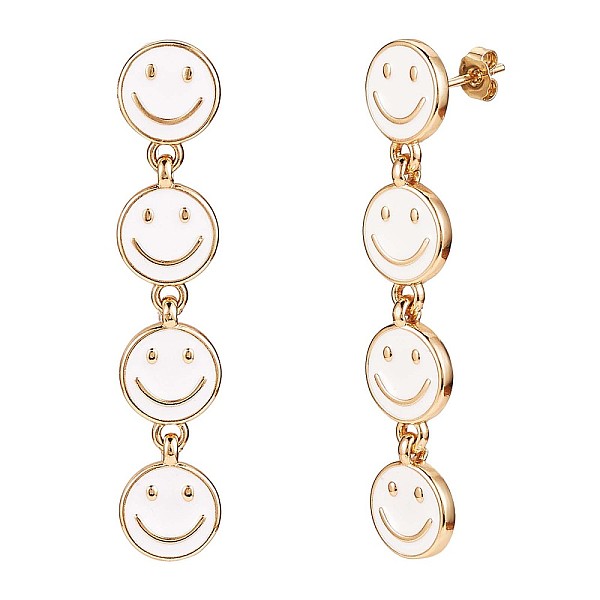 

PandaHall Enamel Smiling Face Dangle Stud Earrings, Gold Plated Brass Long Drop Earrings for Women, White, 50x10mm Brass Smiling Face White